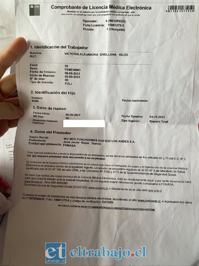 Entre la documentación entregada para esta nota se encuentra esta licencia médica correspondiente al año 2023, parte de un extenso período de reposo que Victoria relaciona con el avance de su enfermedad.